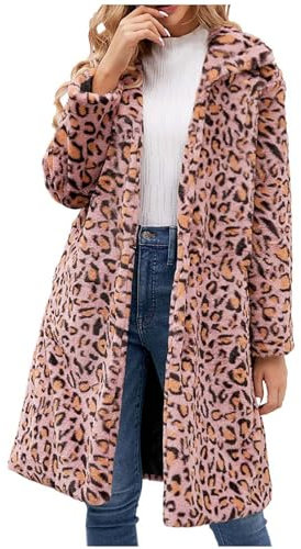 Rosa Leopard Pelzmantel Damen Kunstfell Winterjacke Lange Kunstpelze Jacke Dicke Warme Mantel Langarm Umlegekragen Felljacke Wintermantel Große Größen Fellmantel Winter Pelzjacke Übergangsjacke 3XL