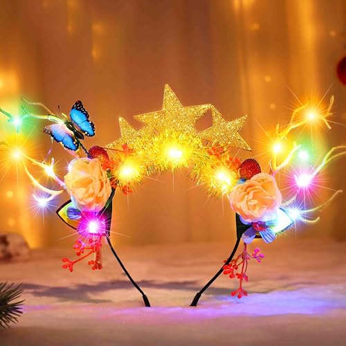 Fashband Leuchtendes Stirnband, LED-Sterne, Blumen, Stirnband, Rentiergeweih, Kopfschmuck, Party, Festival, Weihnachten, Haarschmuck für Frauen