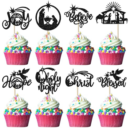 Rsstarxi 24 Pack Christmas Jesus Cupcake Toppers Glitter Holy Night Blessed Hope Believe Jesus Birthday Cupcake Picks for Nativity Scene Religion Christmas Party Cake Decorations Black