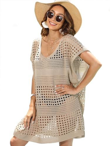 MIXIDON Strandkleid Damen Bikini Cover Up Stricken Sommer Hohl Strandponcho Kimono Weiter Ausschnitt Strand Sexy Khaki