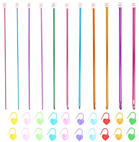 Tunesische Häkelnadel Set, 11 Stück 27 cm Lange Aluminium Tunesische Häkelnadeln mit 20 Stück Maschenmarkierer, 2,0-8,0 mm Häkelnadeln Set für Anfänger