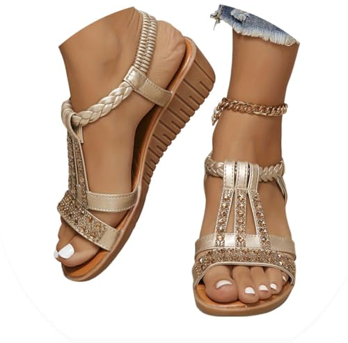 Onsoyours Sandale Femme Compensees Été Mode Élégance Mules Sandales Bout Ouvert Rome Strass Bride Cheville Chaussures pour Plage Vacances B Or 39 EU