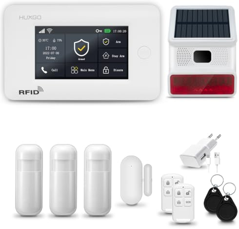HUXGO® HXA006 Alarmanlage Haus WiFi + GSM 4G mit Solar-Funksirene | Tuya Smartlife App | Alarm System mit Fenstersensor, 3X Bewegungssensor | Alarmanlage Wohnung, Garage | Smart Home Security