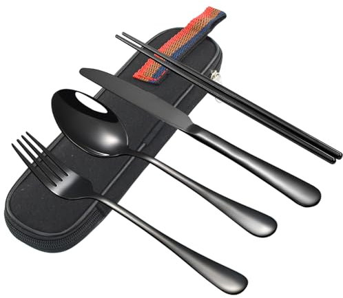 VANRA Portable Travel Utensils Set with Case 4-Piece Stainless Steel Camping Cutlery Set Reusable Silverware Set for Work Fork Spoon Knife Chopstick for Lunch Box School Picnic (Black)