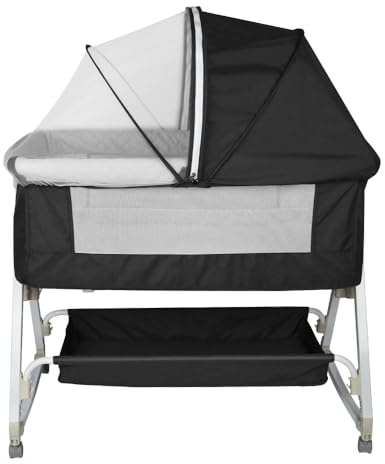 HUOLE Babybett, 6-stufig Höhenverstellbar,Wiege mit Matratze und Moskitonetz, Mobile Babywiege für Neugeborene/Kleinkinder, mit Aufbewahrungskorb-92 * 52 * 106-118cm- schwarz