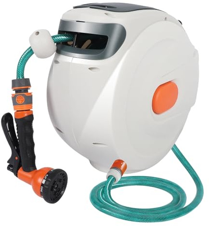 WODHMIEY Automatisk slangbox 10 m, trädgårdsslangtrumma med 8-funktionsmunstycke, återspolning, 180° roterbar, väggmontering, slanglås, visningsfönster, för biltvätt och trädgårdsbevattning (10 m)