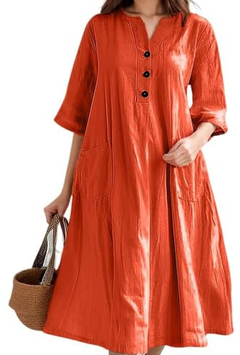 Abito Midi Estivo da Donna in Cotone e Lino, Abito Casual Ampio con Scollo a V e Scollo a V, Abito a Trapezio con Maniche a Mezza Lunghezza (Orange,5XL)