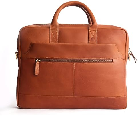 DE LAMASSU® Hugo Laptoptasche Leder – 15,6 Zoll Notebooktasche Herren Damen – Schmale Businesstasche mit Trolleyband – Schultertasche mit Reißverschluss – Geschenkverpackung (Cognac)