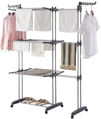 Vonia Tendedero XL con Ruedas – Tendedero Plegable de 3 Niveles – Estantería para Ropa – 150 x 50 x 171 cm (Gris)