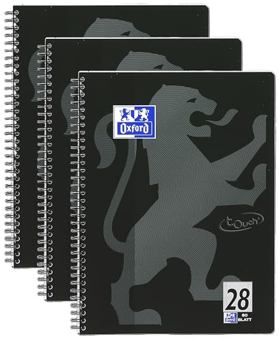 Oxford TOUCH A4+ Collegeblock, 80 Blatt, OPTIK PAPER+®, Doppelspirale, Mikroperforation, scribzee kompatibel (schwarz | kariert)