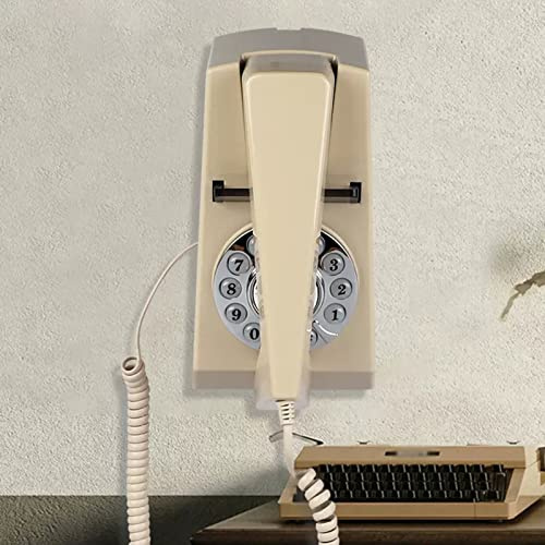 asdchZen Téléphone Fixe Rétro Classique, Téléphone Filaire Mural À Double Usage, Numérotation par Bouton-Poussoir, Ancien Téléphone, Jaune, Beige