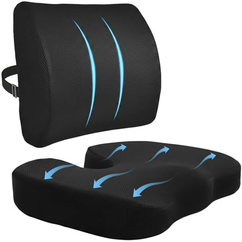 Caossuixin Memory Foam Car Seat Cushion & Lumbar Support Pillow, Desk Chair Cushion with Adjustable Strap Washable Cover for Sciatica Coccyx,Tailbone Pain Relief,Back Support for Office Chair,Car,Home