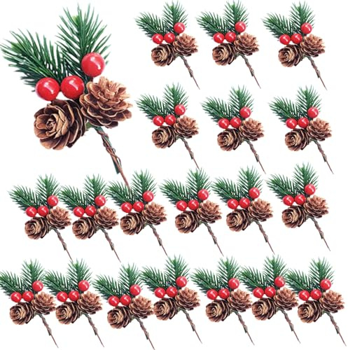 20 Stück Tannenzweige Mit Roten Beeren Und Tannenzapfen, Weihnachtsdeko Zum Basteln Zweige Mit Weihnachtsbeeren Für Adventskranz Tischdeko DIY Wand Tür Deko