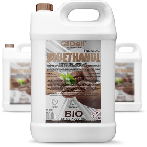 GiDeli Bioéthanol Lot de 3 bio-éthanol Parfum café 96,6 % éthanol pour intérieur et extérieur Sans fumée ni suie Fabriqué à partir de maïs et de betterave sucrière 3 x 5 l
