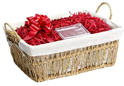 Wickerfield Gift Hamper Basket Kit with Shredded Paper, Make Your Own Gift Hamper, Woven Wicker Basket with Lining, Paper Rope and Seagrass Baskets with Handle (Seagrass Basket, Red Filling)