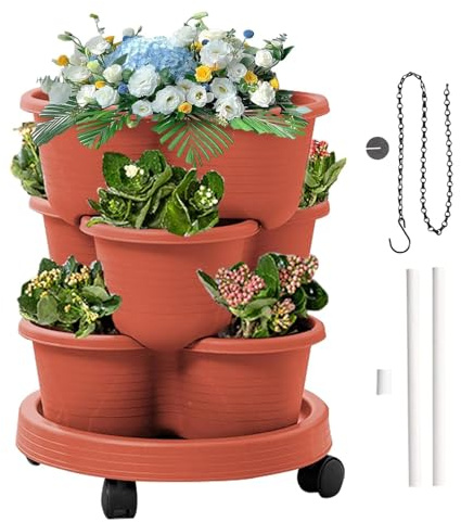 Fioriera verticale per fragole con ruote, 3 ripiani, per erbe aromatiche, a spirale, impilabile, per un facile giardinaggio, soluzione salvaspazio in serra