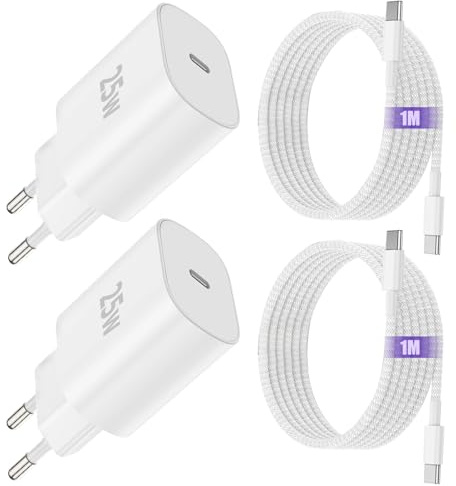 2Pack Chargeur Rapide iPhone 17 16 15, 25W USBC Chargeur iPad Adaptateur | Rapide avec 1M Câble USB-C to C pour iPhone 15 16 17 Pro Max Plus, iPad 12.9/11 inch, Air 5 4/iPad Pro 13/11,iPad 10/11,Mini