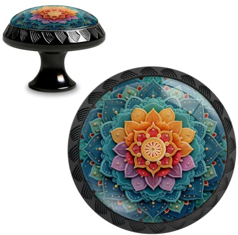 Yiruhe 4 Stück bunte Mandala-Design-Küchenschrankknäufe aus Acryl, runde Schubladengriffe für Kommoden, Schränke, Türgriffe