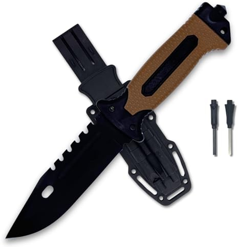 Coltello Sopravvivenza Lama Seghettata 13,5cm Acciaio Inox, Manico Antiscivolo Marrone, Fodero ABS, Accendifuoco, Fischietto, Pietra Affilatrice, Rompivetro – Bushcraft, Camping, Trekking, Idea Regalo