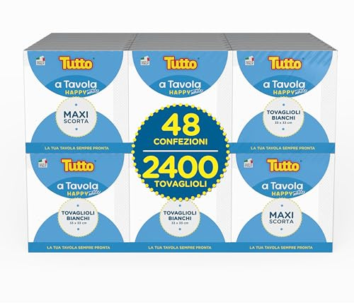 TUTTO A TAVOLA HAPPY, Tovaglioli in Cellulosa, Doppio Velo, Formato Scorta da 48 confezioni (2400 Tovaglioli), Colore Bianco