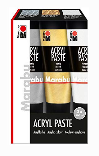 Marabu 1202000000087 - Acryl Paste Sortierung, für einzigartige Struktureffekte bei der Acrylgestaltung, auf Wasserbasis, lichtecht, wetterfest, 3 x 100 ml in feinsand, silber und gold
