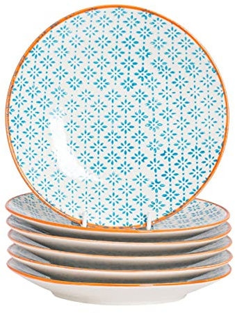 Nicola Spring Hand-Printed Side Plates - 18cm - Blue - Pack of 6 - Stoneware Decorative Patterned Dining Dish Plates for Snacks, Starters, Dinner, Dessert