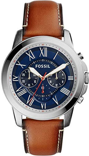 Fossil Orologio Grant da uomo, Movimento cronografo al quarzo con cinturino in pelle e acciaio inossidabile, 44 mm, Marrone e blu
