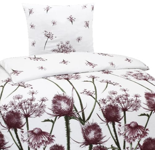 Hochwertige Biber Bettwäsche Baumwolle Blumen Weiß Rot 135x200 80x80 Set 2tlg