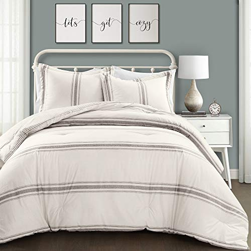 Lush Decor Set copripiumino reversibile in cotone a righe, set da 3 pezzi, completo/matrimoniale, grigio, accogliente set di biancheria da letto Frmhouse, decorazione rustica, piumino a righe