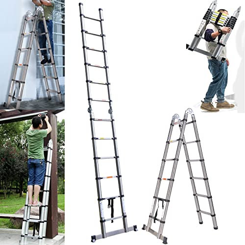3.8M A-Frame & Straight Ladder - Heavy Duty Multi-Purpose Stainless Steel Telescopic Loft Extension With 1.9m+1.9m Extendable Steps, Max Load 150kg, EN131