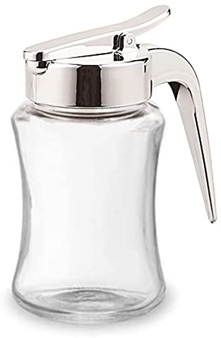 J&M Design Glass Syrup Dispenser Bottle for Maple Syrup, Honey or Sugar with Handle Shaker, Pour Spout Lid, Easy Spoon Measure, 7.5oz