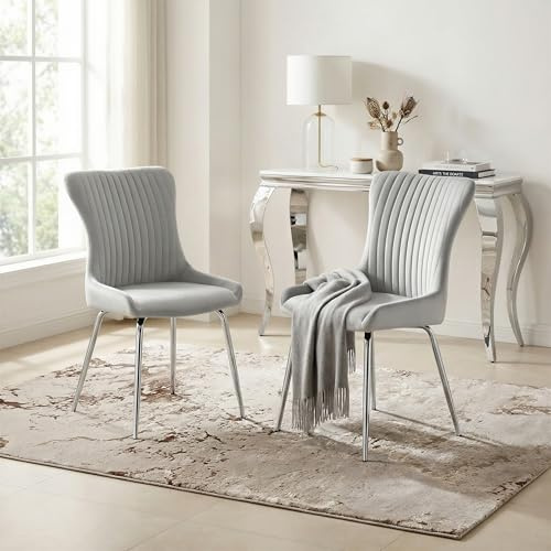 Furniturebox UK Nora Dining Chairs - 2x Light Grey Velvet Upholstered Chairs with Silver Chrome Legs - Modern Wingback Design with Vertical Stitching - Contemporary Dining Room Seating Set