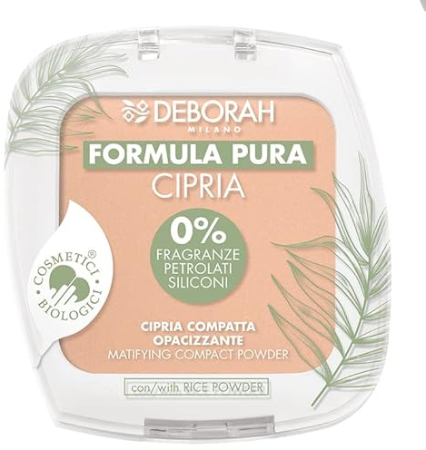 Deborah Milano - Cipria Compatta Opacizzante BIO Formula Pura, Ingredienti Naturali e Biologici, Finish Matte, Texture Leggera e Vellutata, Senza Parabeni, Siliconi, Fragranze, Colore: Apricot 3, 10 g