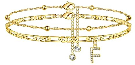TINGN Fotkedjor för kvinnor, silver 14k förgyllda vristlänk för kvinnor vristlänk med A-Z bokstäver dubbel vristkedja justerbar present till sommar dotter vän syster present, 21.5cm+5cm Extender
