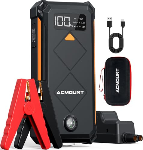 Acmount Starthilfe Power Pack, 4000A Autobatterie Booster Starthilfe für 12V Fahrzeug (bis zu 10L Gas, 8L Diesel), Tragbare Autobatterie Ladegerät Powerbank mit Starthilfekabel, LED Taschenlampe, USB