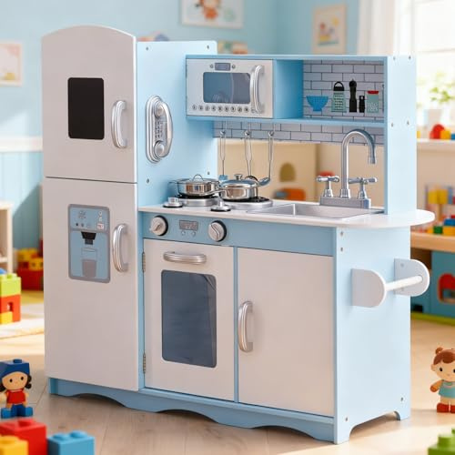 GALACTICA Wooden Pretend Play Kitchen with Utensil Toys for Kids Boys Girls Children's Cooking Role Play Set Game Gift WW-PK-04 Blue