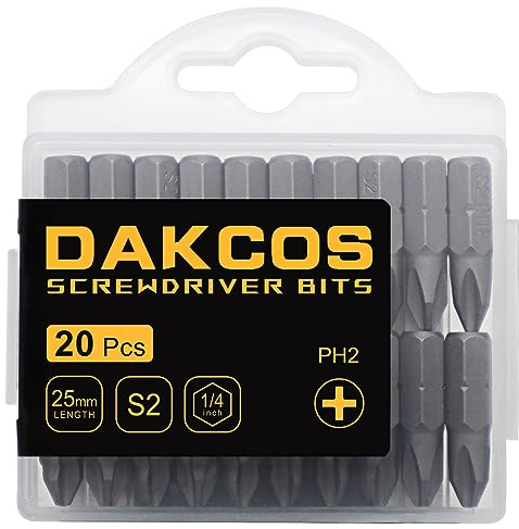 DAKCOS PH2 Bit, Bits PH2, Bit-Sortiment aus S2 (Länge: 25 mm, 20 Stück) | S2-Stahl, 1/4 Sechskantschaft (Länge:25mm, 20pcs)