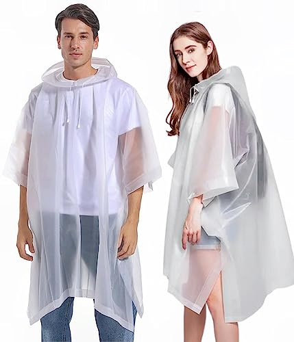 Bosdontek Rain Poncho for Adult, 2 Pcs Portable Waterproof Rain Ponchos for Women & Men, Reusable EVA Raincoat Ponchos with Hoods Emergency Rainwear for Festival, Traveling, Outdoor Activities (White)