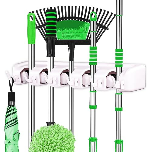 LETMY Broom Holder Wall Mount - Mop and Broom Hanger Holder - Garage Storage Rack & Garden Tool Organizer - 5 Position 6 Hooks Broom Rack for Home, kitchen, Garden, Tools, Garage Organization - White