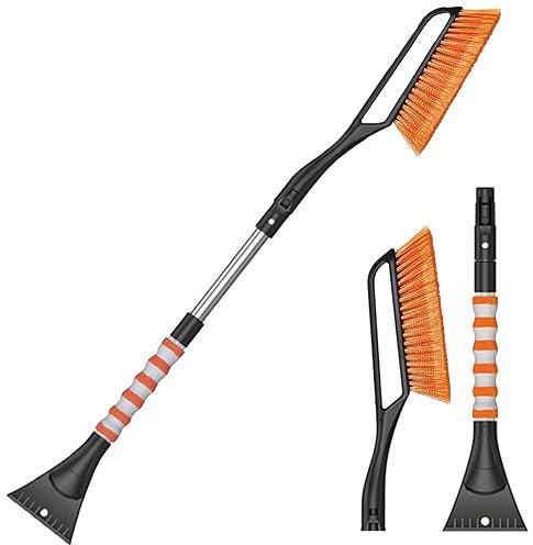 Grattoir Voiture Givre 2 en 1, Raclette Antigivre avec Balai de Telescopique et Poignée Antidérapant, Degivreure Vitre pour Pare Brise de Hiver, Pelle à Glace et Neige Détachable SUV Camions (Orange)