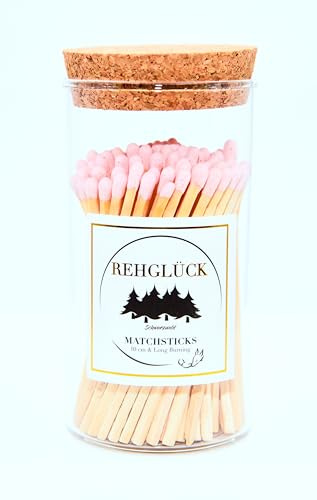 REHGLÜCK Schwarzwald, Pot cylindrique en verre avec bouchon en liège rempli d'environ 100 allumettes de 10 cm de long (verre cylindrique avec bouchon en liège – Couleur de la tête d'allumette : rose)