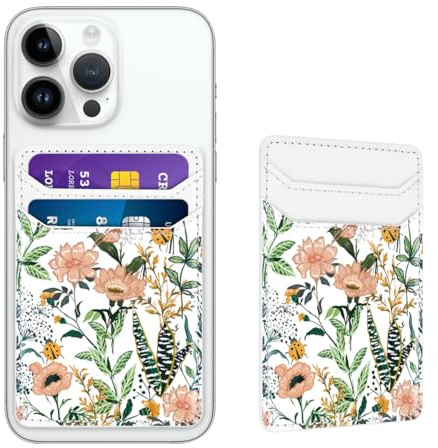Yiyahu Self Adhesive Card Holders for Back of Phone, Leather RFID Phone Wallet Pockets Stick On, Credit Card Holders Sleeve for Phone Case Compatible with Most of Smartphones, White Flower