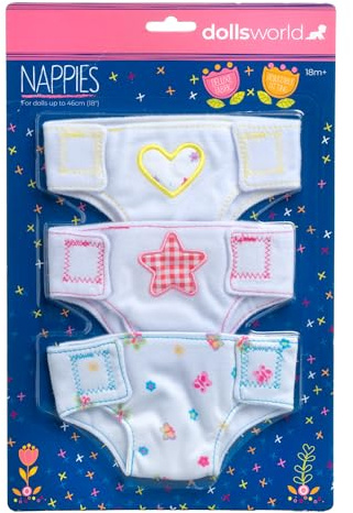 DOLLSWORLD von Peterkin, Stoffwindeln, wiederverwendbare und verstellbare Stoffwindeln, geeignet für Puppen bis 46 cm, Puppen und Zubehör, ab 18 Monaten, 3 Stück