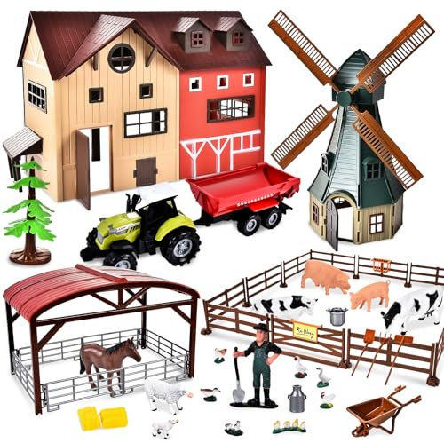 JONRRYIN Bauernhof Spielzeug Kinder, Bauernhof Figuren Spielset, Tierfiguren Set, Bauernhof Tiere Spielzeug mit Windmühle Haus Zaun Pferd Fahrzeuge Landwirt für 3-7 Jahre Kleinkinder Jungen Mädchen