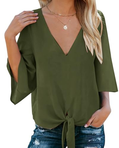 Bluetime Womens Tops Tie Knot Front 3/4 Sleeve Wrap Blouses Spring Summer Fashion Trendy Olive XL