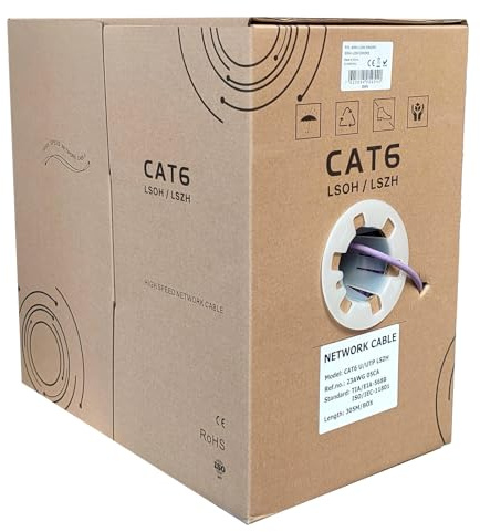 305M LSOH LSZH CAT6 Ethernet Cable Reel, Low-Smoke, UTP Network Solid Core CCA 1000 Feet Indoor & Outdoor 23AWG CAT 6 Networking LAN Lead Roll In Pull-Box - LSOH / LSZH - Low Smoke (305m - Purple)