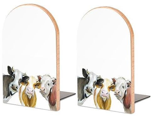 Lustige Buchstützen mit Kuh-Aquarell-Design, robuste Holz-Buchstützen für Regale, dekorativ, rutschfest, stabiler Buchständer für Bücher, CDs