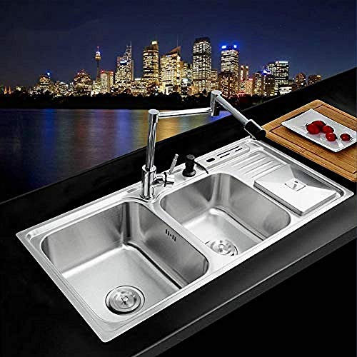 Lavabo da appoggio Lavello da cucina in acciaio inossidabile Contenitore da cucina Lavaggio dei piatti Doppia vasca + SS + Rotazione 360 Cromo Rubinetto cromato Miscelatore Rubinetto miscelatore