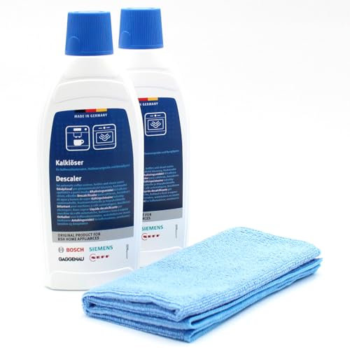 Set de Cuidado 2X descalcificador + paño de Microfibra Compatible con Bosch 0717902334(00), 0717902342(00), 0717902350(00) - para cafeteras automáticas, aparatos de Agua Caliente, 1000ml