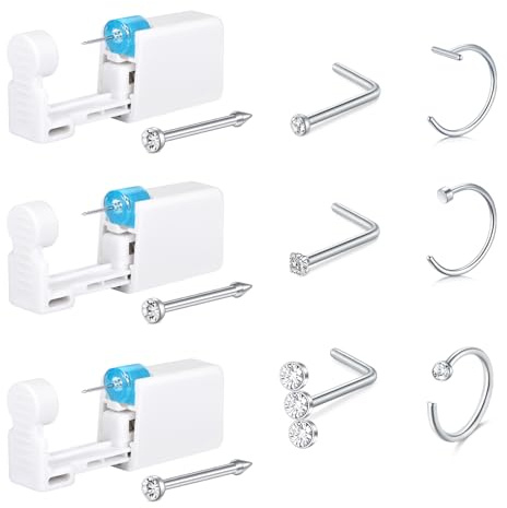 AceFun 9 pièces Kit pistolet piercing nez,Argent pistolet piercing Built-in Nose Studs Self Piercing Kit avec 20G Anneaux nez clous girofle jetable pistolet piercing pour piercing nez à la maison